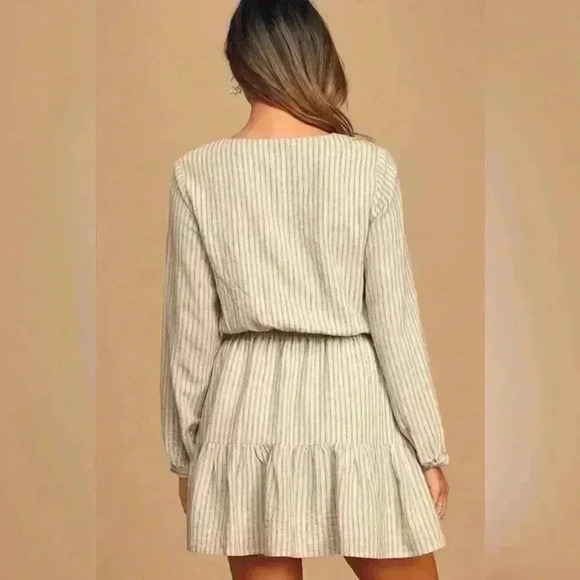 Lulus A Walk In the Park Beige Striped Long Sleeve Skater Dress Size Large - Picture 2 of 3